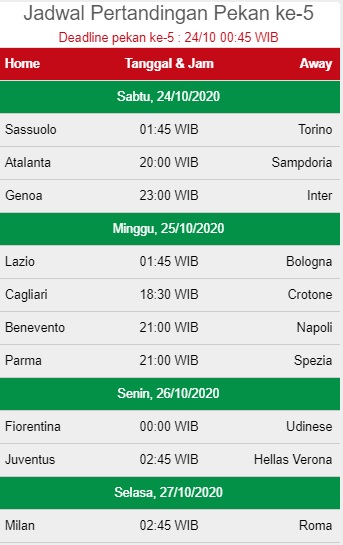Jadwal Serie A Giornata 5 akhir pekan ini.
Deadline lebih awal, Sabtu dinihari jam 00:45 WIB. Grande partita di hari terakhir, Selasa dinihari. Waspada zonk pemain pilihan kena badai cedera. https://t.co/i4vpCygiWH