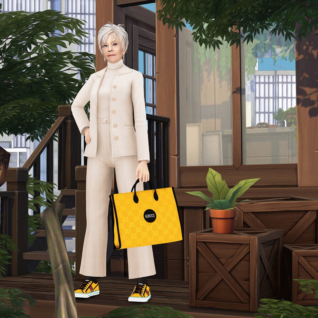 ゲーム @TheSims 4と #Gucci がコラボレーション。サステナビリティに焦点を当て #GucciOffTheGrid の世界をデジタル空間に再現。人気クリエイターの @thegrimcookies は #GucciOffTheGrid のキャンペーンに出演した @Janefonda のデジタル版を発表してコラボレーションを祝しました。 #TheSims4 https://t.co/kNURUvVpBI