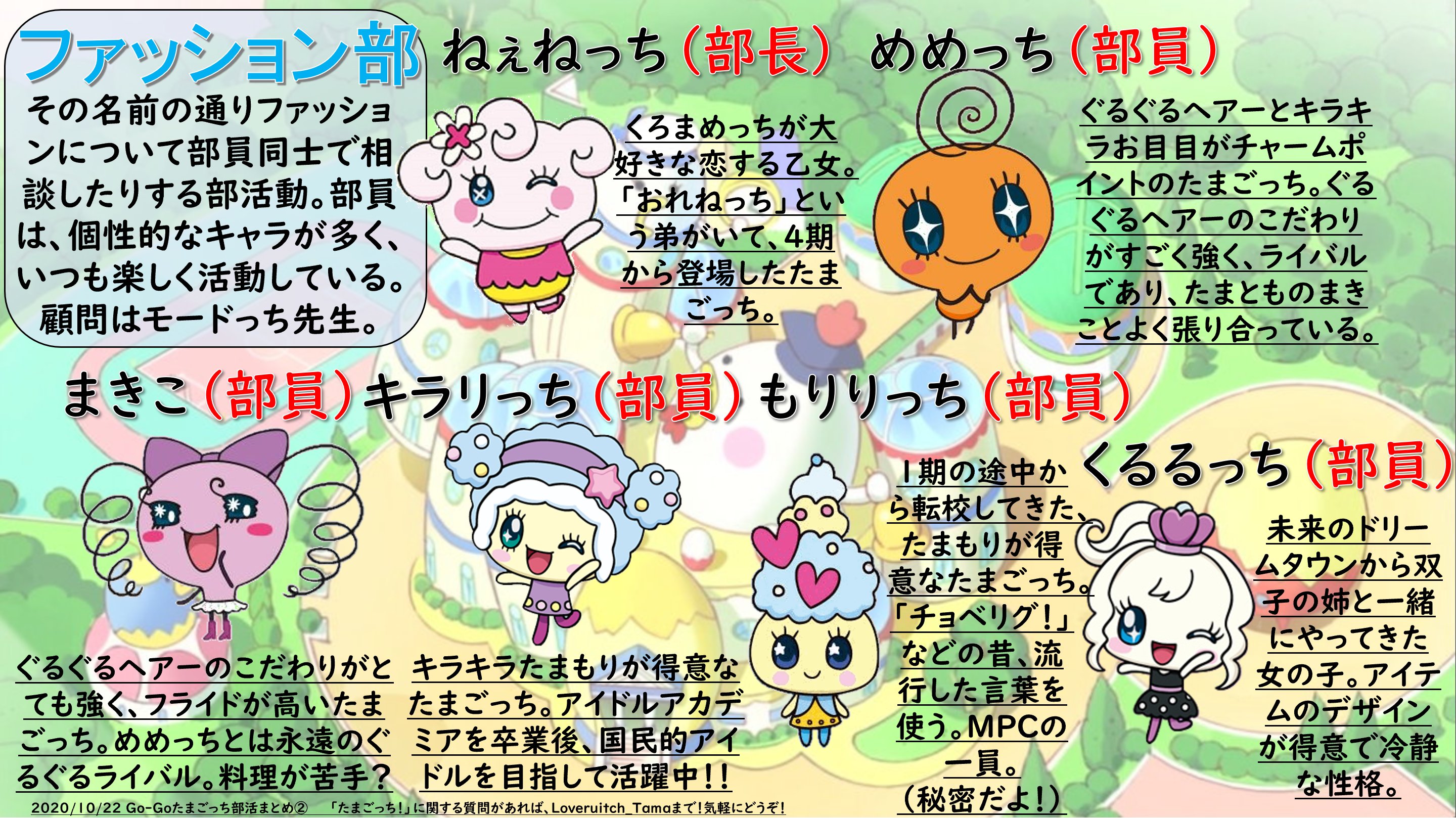 るい Go Goたまごっち 部活動まとめ第2弾 ファッション部編 好評だったので第2弾は ファッション部をまとめました 誰がいるのかと各キャラの解説をざっくりしています 本編では4期の4話で部長決めがありましたね ぜひ見返してみて