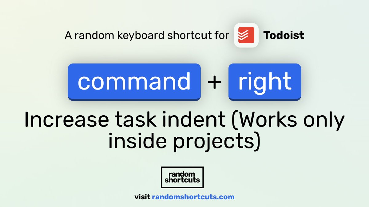 A keyboard shortcut for Todoist (@todoist)
Shortcut: command + right
Command: Increase task indent (Works only inside projects)
See more Todoist shortcuts here: https://t.co/667bonv4SP
#keyboardshortcut #mac #productivity #Todoist https://t.co/cTo6px5jBG