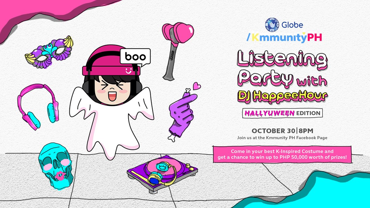 KmmunityPH's tweet photo. Let’s jam to our favorite K-Pop hits at the Listening Party with DJ @happeehour Hallyuween Edition! 🎃

Join us on Oct 30, 8PM at https://t.co/eXHe54xMZX! Share your K-Inspired Costume for a chance to win P50,000 worth of prizes! 😉 #GlobeKmmunityPH https://t.co/WW8bBzXrp8 https://t.co/iUCYgL8ZnP