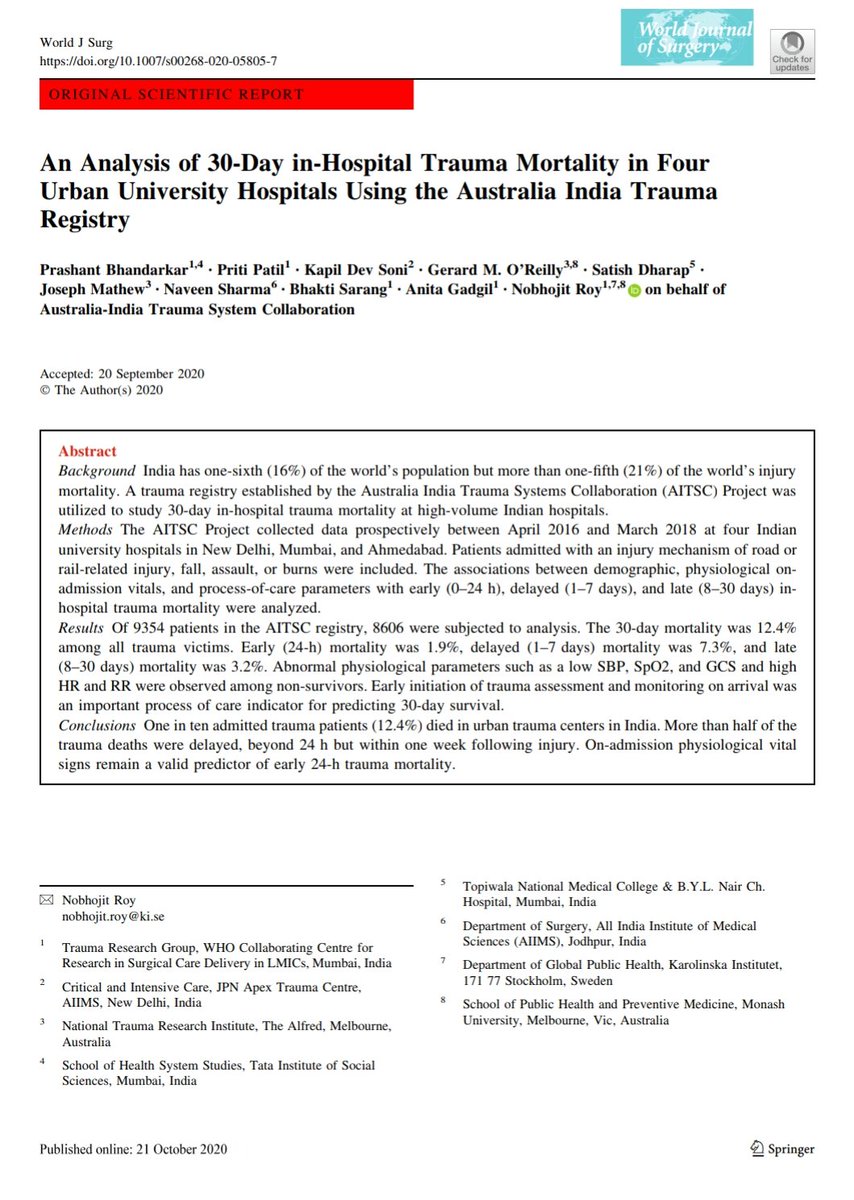 pnbhandarkar's tweet image. One in ten (12.4%) admitted trauma patients died in urban tertiary care hospitals in India.
Results from multi-centre trauma #AITSC registry at @WorldJSurg.

@nobsroy @pritimpatil 

rdcu.be/b8RsF