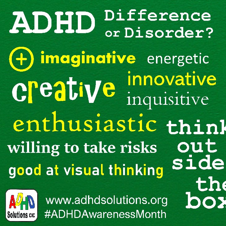 There are too many positives of ADHD to fit into a tiny box on Twitter but here’s a start. Don’t think ‘Disorder’ - think ‘DIFFERENCE’. The opposite of Difference is ‘sameness’. We should celebrate Difference more #adhd #adhdsolutions #adhdpositivity #ADHDAwarenessMonth