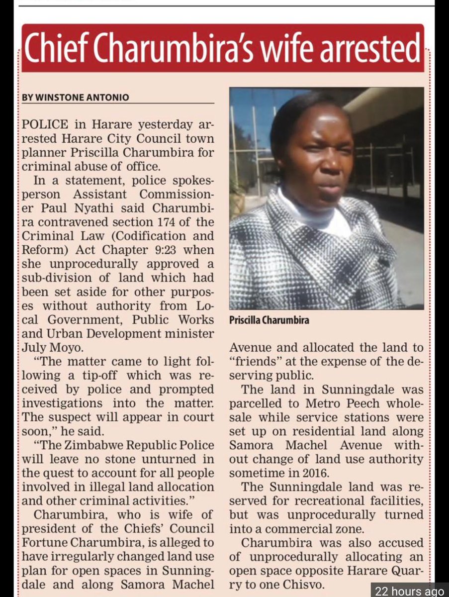Mai Charumbira who is @cohsunshinecity town planner was arrested yesterday over land corruption ( yet they blame MDC A),remanded in custody yesterday but slept at her home. Today she appeared in court before Bianca Makwande (who denied #MDCTrio bail) & granted bail.
#ZanuPfMustGo