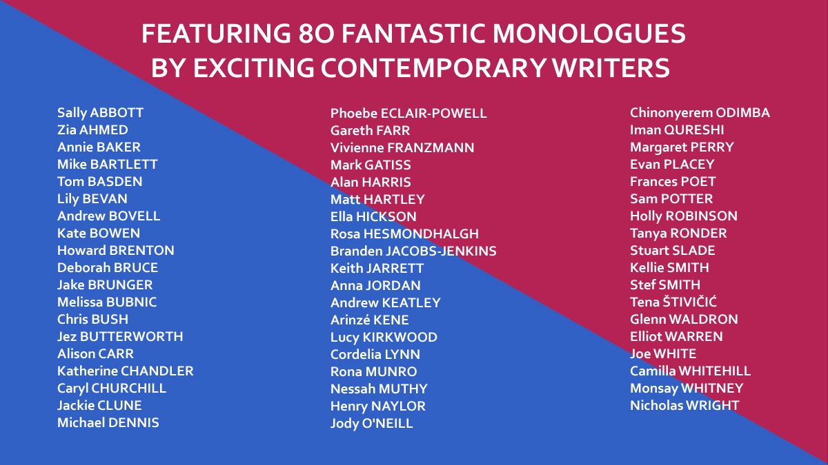 The two new volumes of Contemporary Monologues bring together 80 audition speeches from plays by dozens of leading dramatic voices in the UK and USA.

See below for a list of the writers included. So exciting to think of all the young actors who'll use these monologues in future!