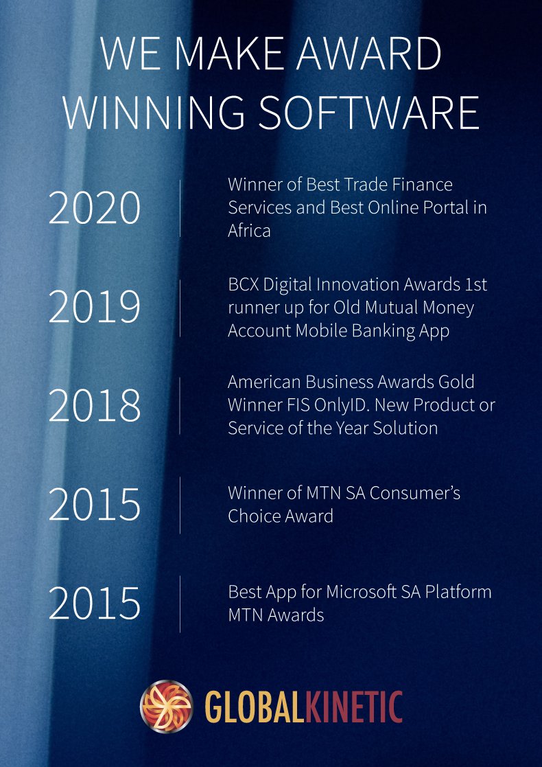 We have won many awards for our clients. Let us win one for you. Visit globalkinetic.com for more.

#Award #AwardWinning #SoftwareDevelopment #MobileBanking #OldMutual #OnlyID #DevOps #SoftwareEngineering #winning #finance #fintech #microsoft #innovation #SoftwareSolutions