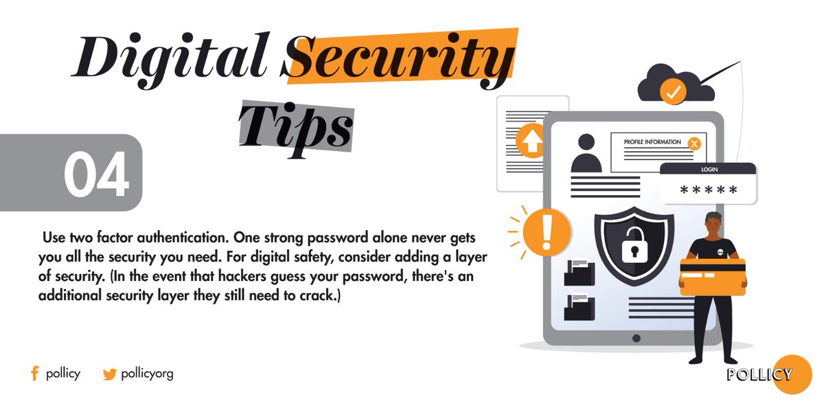 PollicyOrg's tweet image. Use two factor or multi-factor authentication. One strong password alone never gets you all the security you need. For digital safety, always consider adding a layer of security which 2FA offers.

#DigiSec #BeCyberSmart #BeOnlineBeSafe #CybersecurityAwarenessMonth