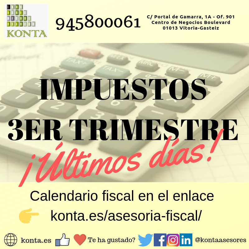IMPUESTOS!!! ¿Sabes que día acaban?
Ver calendario FISCAL ALAVA
👉 konta.es/asesoria-fisca…

No te pases de fecha, revisa las fechas claves de impuestos de Hacienda de Álava