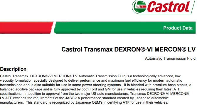 Castrol Transmax Dexron VI/Mercon LV Automatic Transmission Fluid