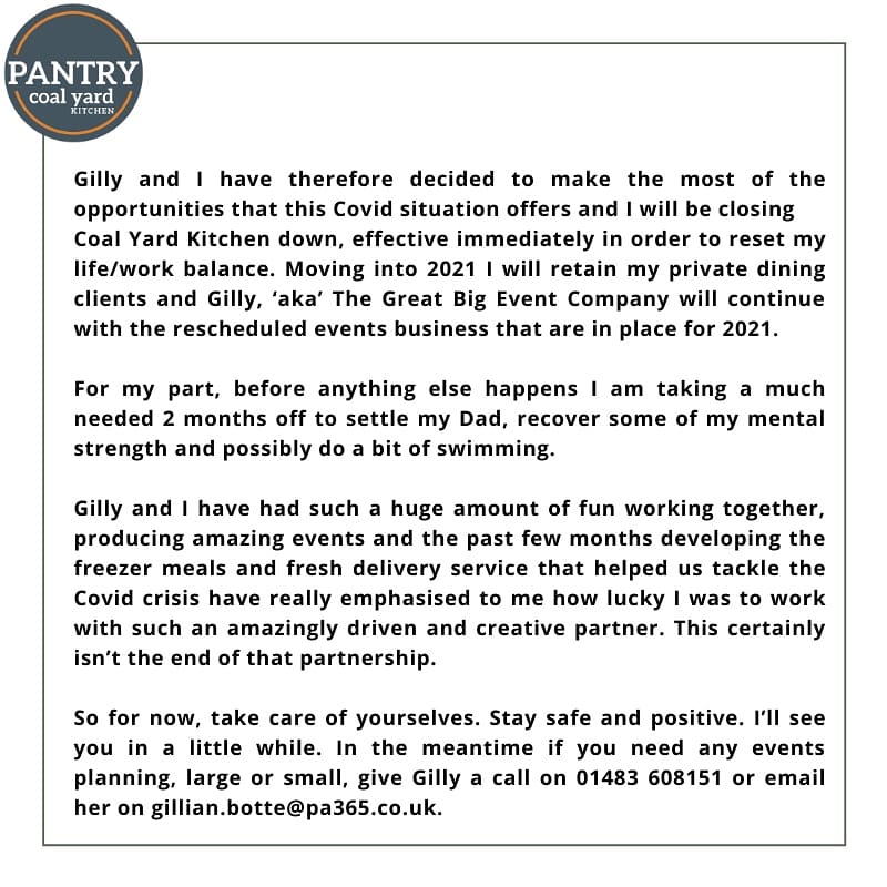CoalYardKitchen's tweet photo. An announcement.

Thank you so much to everyone. Customers, family, friends, supporters, husbands.

It's been a blast.

Jx https://t.co/kIMqyW7Gt4