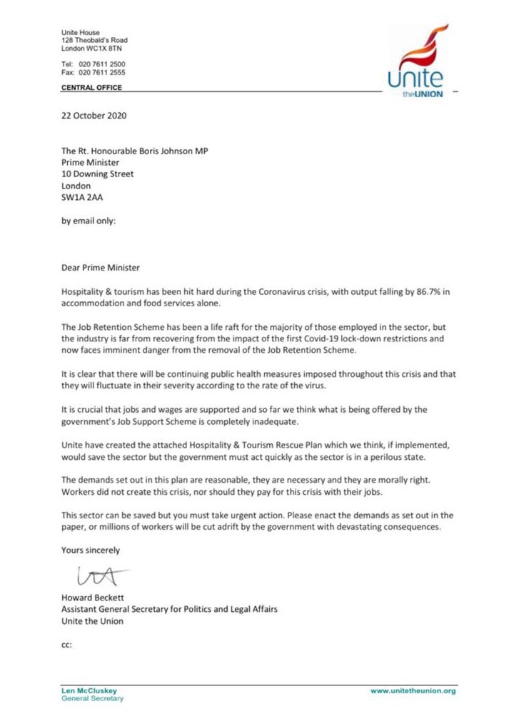 This morning I sent a letter to the Prime Minister and the Chancellor asking them to implement a proper rescue plan for the Hospitality and Tourism sector.