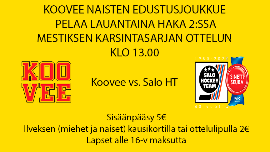 Huikea kiekkopäivä ensi lauantaina Hakametsässä. Ensin me pelaamme oman ottelumme kakkoshallissa ja sen jälkeen <a href="/ilveshockey/">Ilves Hockey</a> kohtaa Sportin ykkösessä klo 17. Tervetuloa kannustamaan molemmat tamperelaiset kotivoittoihin! #Koovee #Ilves #Naiskiekko #Liiga #Sport #SaloHT