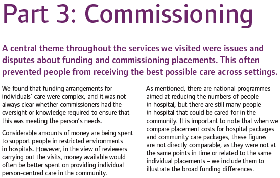 Commissioning, commissioning, commissioning – this is a HUGE issue. As the report notes there is a huge amount of public ££ spent on keeping people in institutions. Funding & control is a maze; 12 yrs of working in health & care and I still don’t understand how this continues