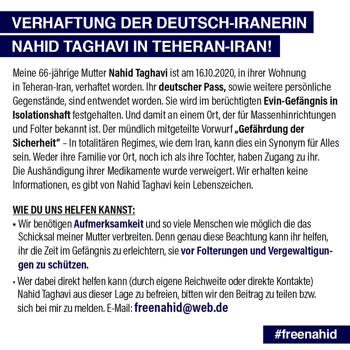 BITTE LESEN UND TEILEN! 
#freenahid #fremama #freedom #iran
<a href="/amnesty_de/">Amnesty Deutschland</a> 
<a href="/IGFM_DE/">Internationale Gesellschaft für Menschenrechte</a> 
<a href="/AuswaertigesAmt/">Auswärtiges Amt</a> 
<a href="/dwnews/">DW News</a> 
<a href="/dw_persian/">DW فارسی</a> 
@HeikoMaas 
<a href="/GermanyDiplo/">GermanForeignOffice</a> 
<a href="/GermanyinIran/">GermanyinIran</a>