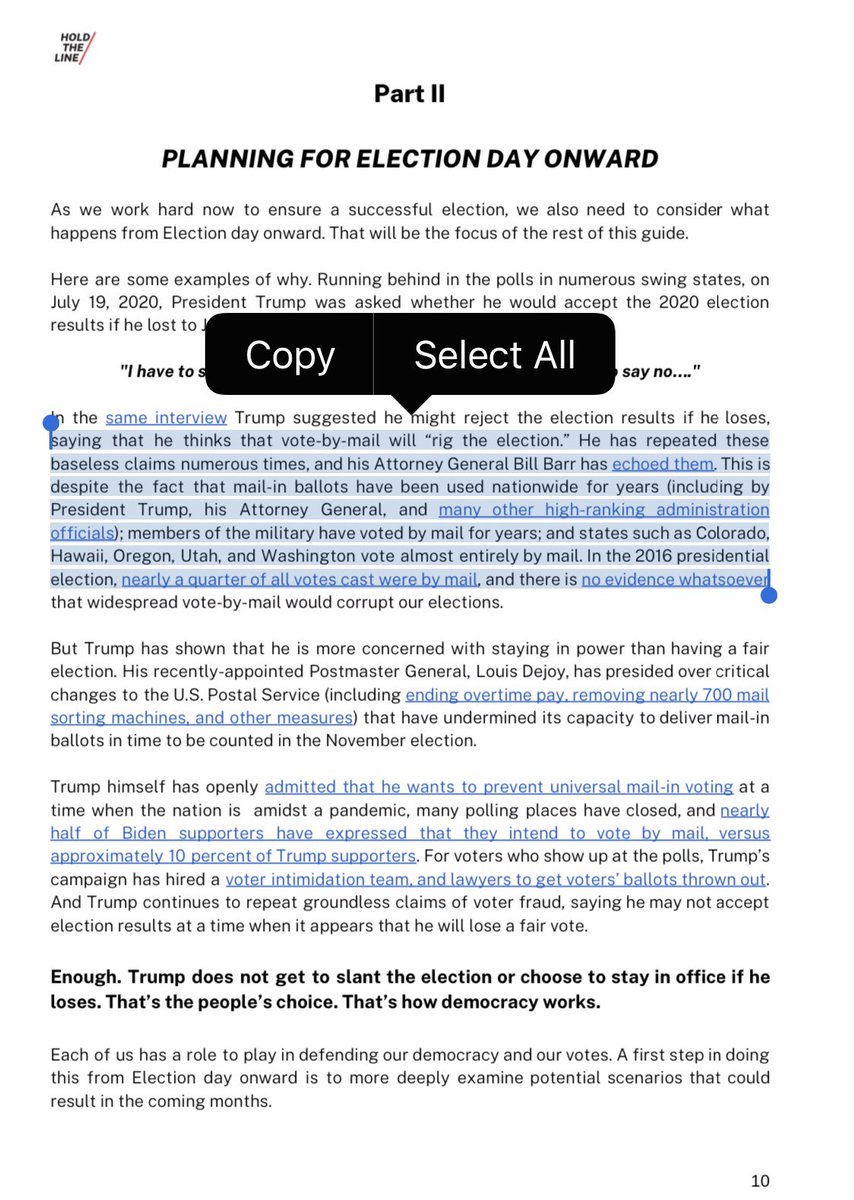 important hold the line quotes:Pg 10 claims Trump campaign has hired a “voter intimidation team” has anyone seen this?Again, spreads lie about vote by mail ballots.Pg 26 “we are not making a moral judgement about people who feel they have a right to be violent...”