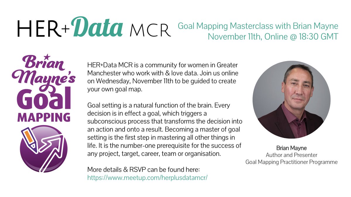 herplusdatamcr's tweet image. Thrilled to announce our next #WomenInData event: a Goal Mapping Masterclass where participants will be guided to create a Goal Map of their best intentions for the future! 💫

📅 Wed, 11 Nov, 18:30 GMT
📍 Online
⚡️ Brian Mayne, author of #GoalMapping
🔗 meetup.com/herplusdatamcr…