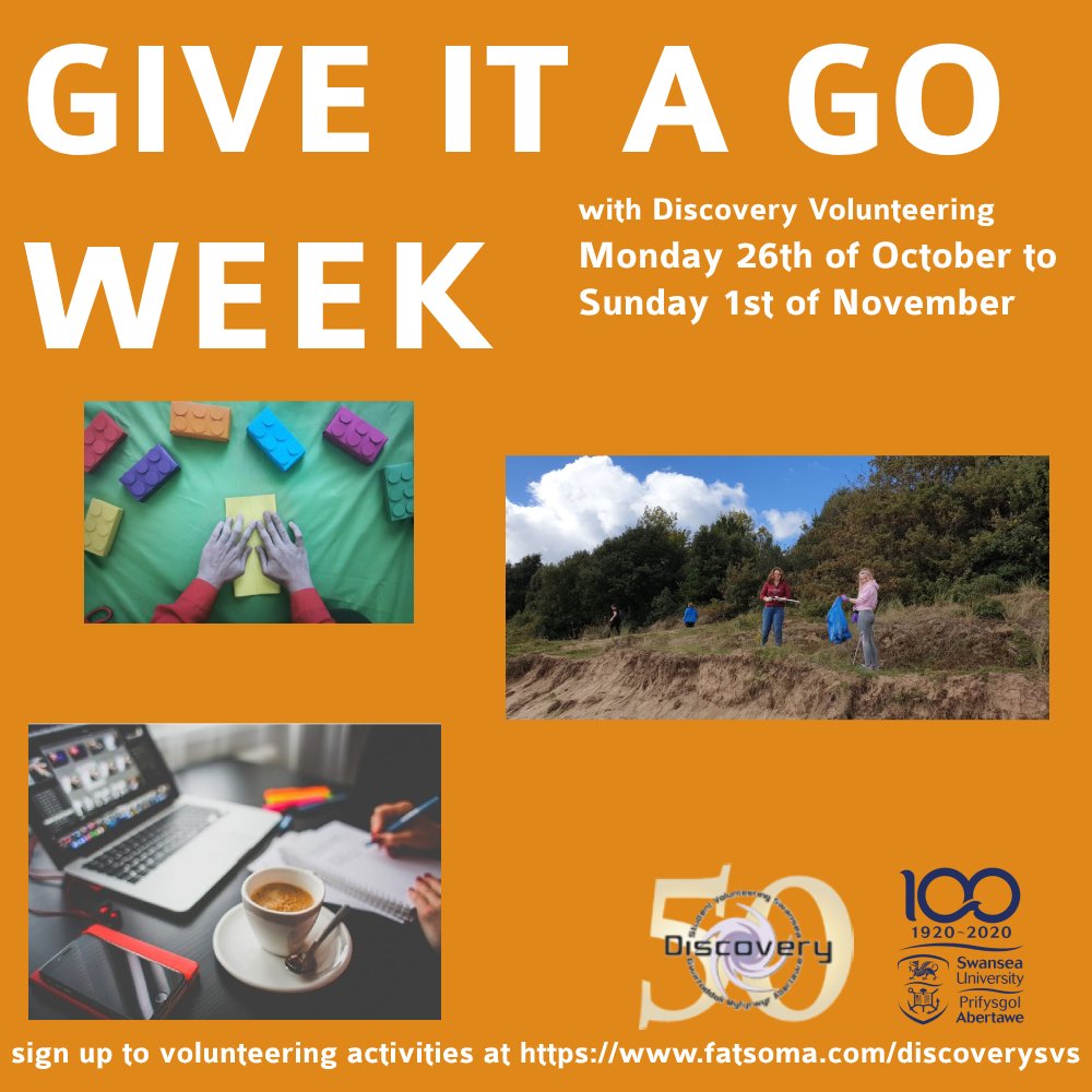DiscoverySVS's tweet photo. Next week it’s Give it a go week where @swanseauni students can try their hand at volunteering, no commitment, no expectations, just give it a go. We have lots of one-off volunteering, free training &amp; webinars for all. Find out more here: https://t.co/fE39uhXJgd #swanseauni https://t.co/TapzEaihqo
