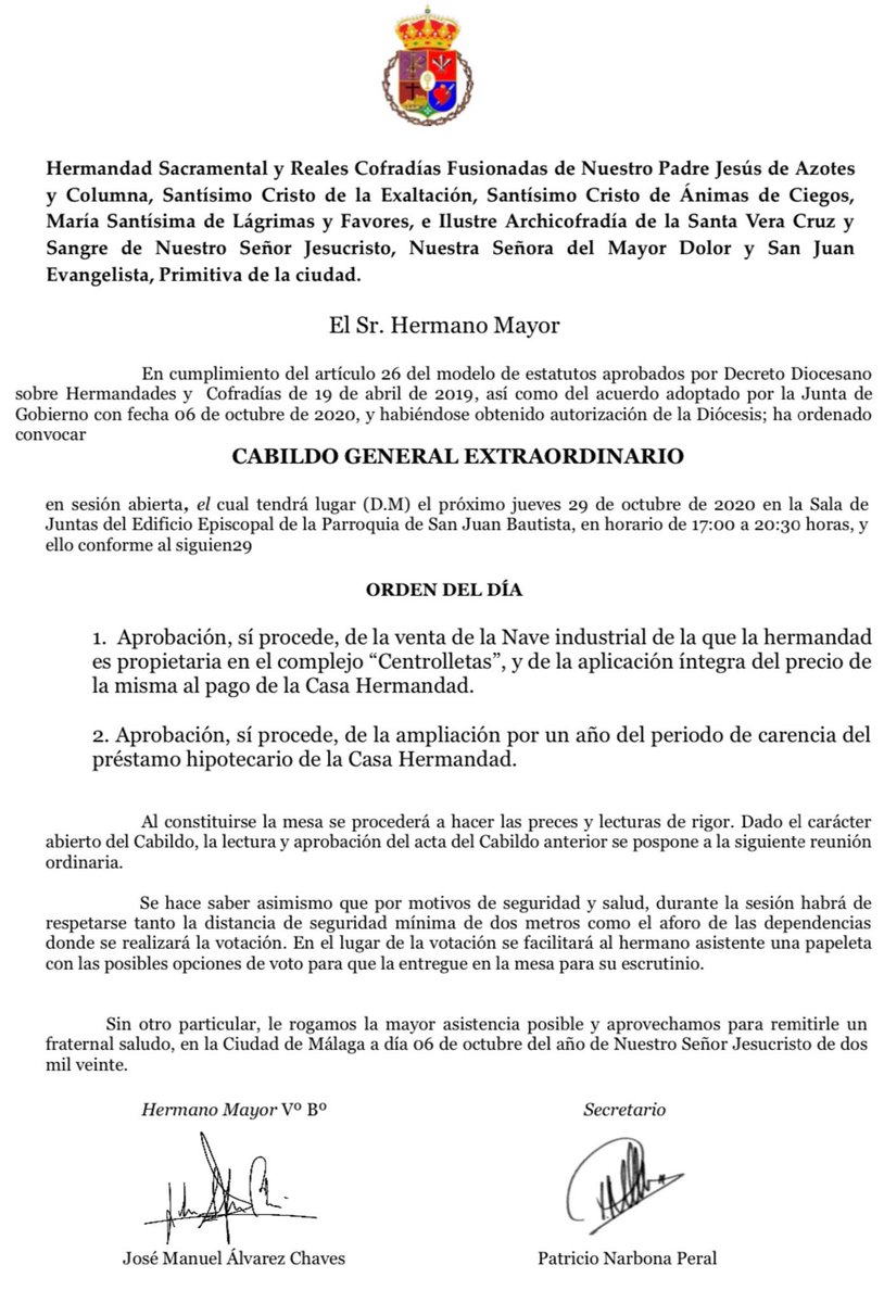 📌 CABILDO GENERAL EXTRAORDINARIO 

📅 Jueves 29 de octubre 

🕘 De 17:00 a 20:30 horas

📍 Salón Parroquial de San Juan

👉🏼Hoy jueves, 22 de octubre, es el último día en que se celebrarán las Sesiones Informativas a los hermanos que así lo hayan solicitado.
