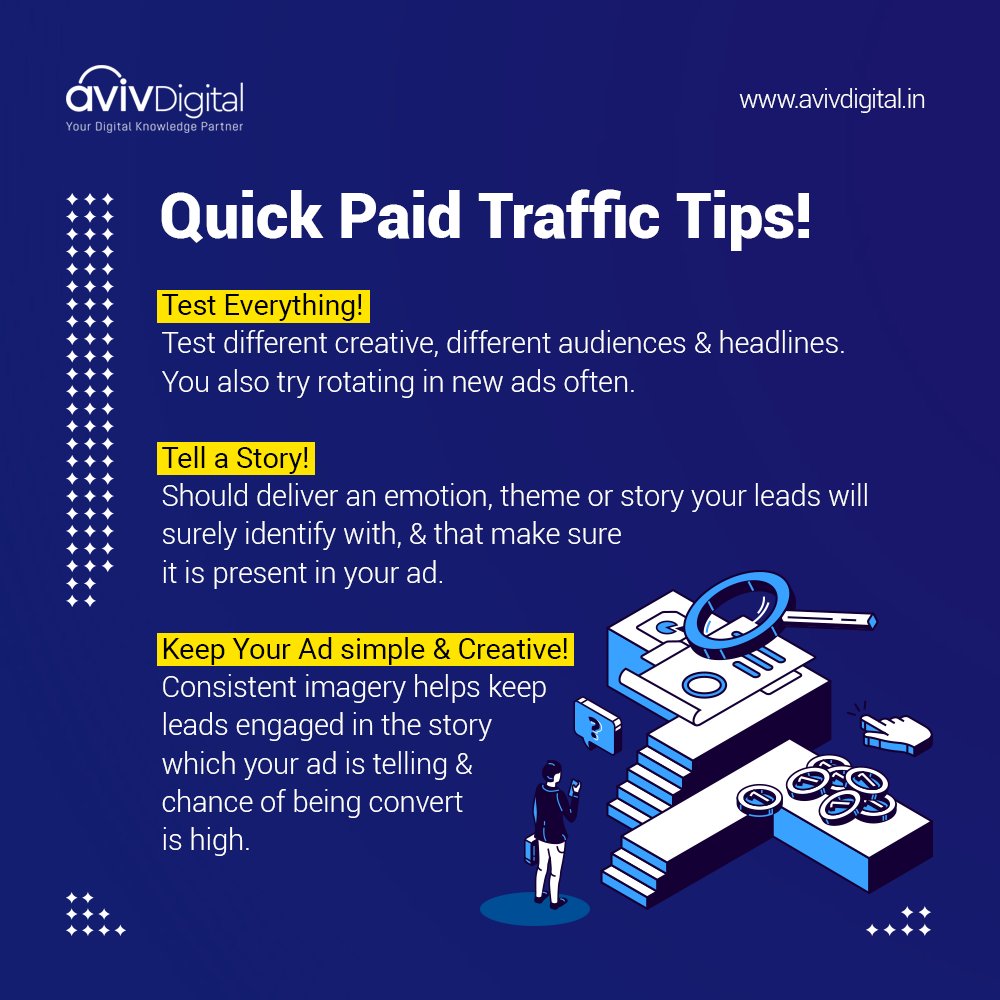 AvivDigital's tweet photo. You can use some straightforward tactics to help you grab hold of the reins and lead your campaigns down a consistent road of success.
.
.
Check out the Quick Paid Traffic Tips!
#avivdigital #paidtraffic #digitalmarketinginstitutekerala https://t.co/VZc38lc8v9