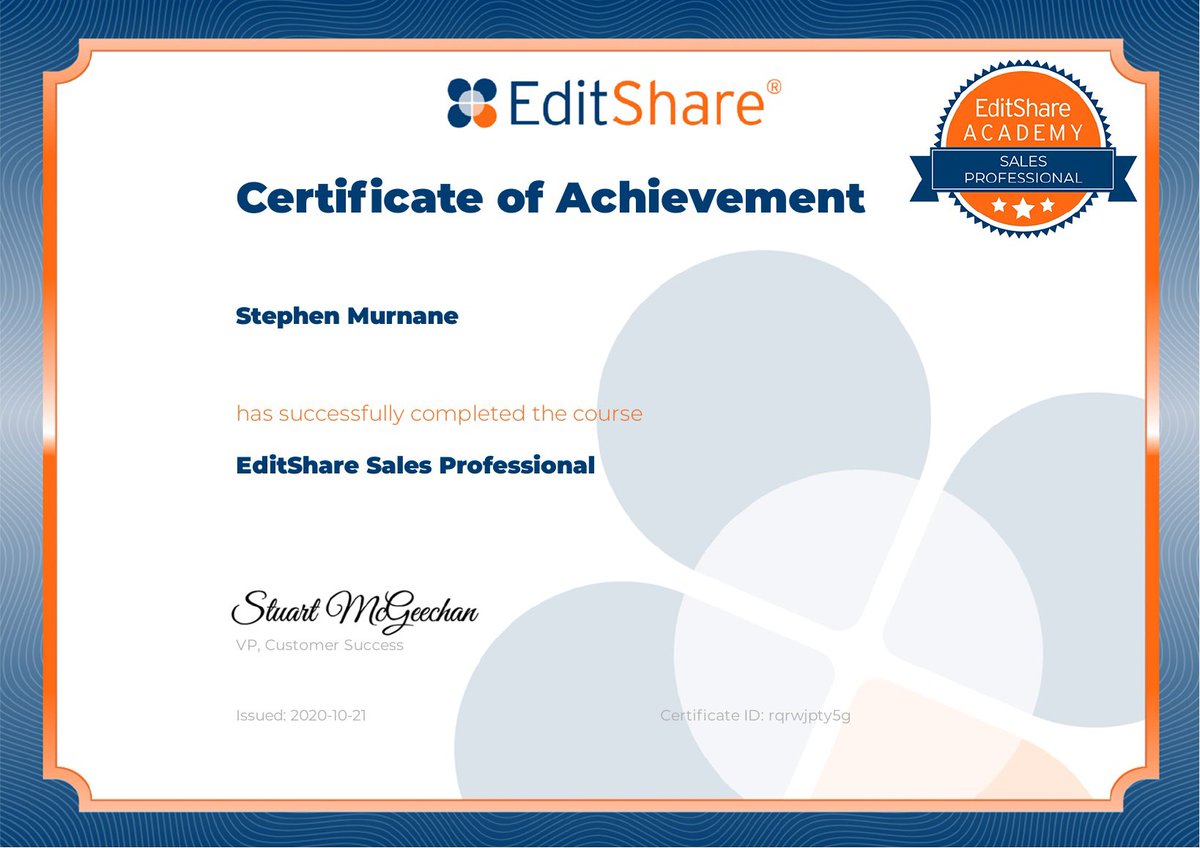TyrellCCT's tweet photo. Well done @stephenmurnane on completing @EditShare’s Sales Professional Certification program. 🎓
#Editshare #mediaprofessional #makingmediasimple https://t.co/0PiaMyOW2p