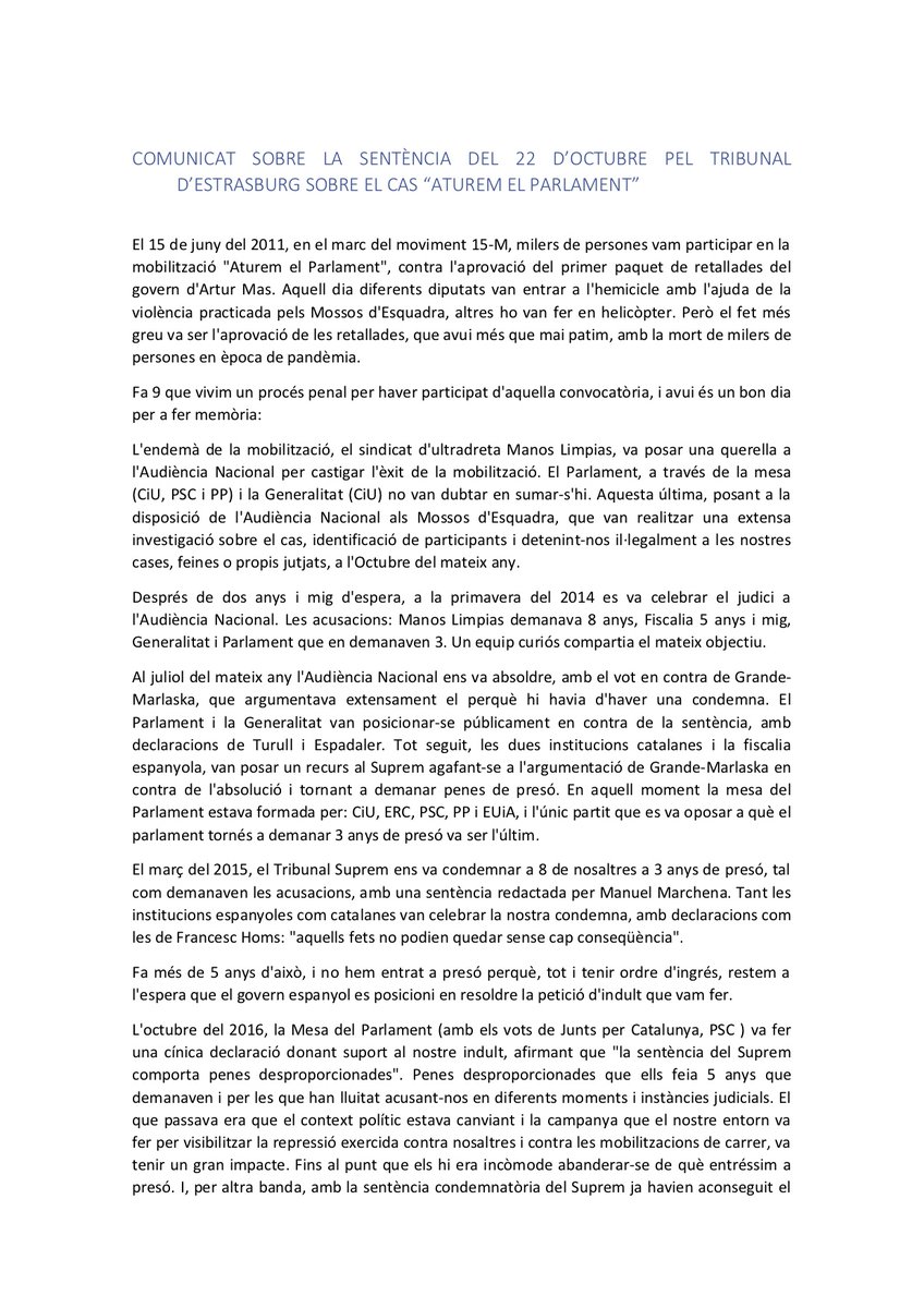 15Mlliure's tweet photo. Seguim creient en la força de la gent. Considerem una victòria que amb aquest procés que fa 9 anys que dura no hagin aconseguit desmobilitzar-nos, ni a nosaltres ni a una gran part de la població. Podeu llegir el comunicat de l'Assemblea d'Encausades Aturem el Parlament. https://t.co/HZUuzb1b6A