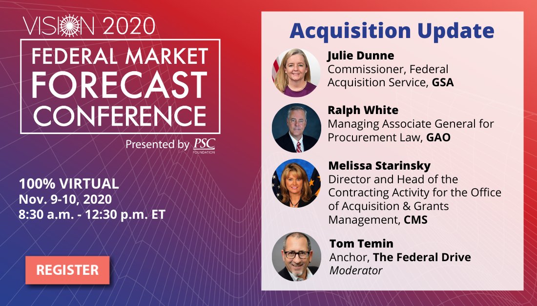 jtcarden's tweet image. PSCSpeaks: Join us at PSC’s virtual Vision Conference! Hear speakers from @USGSA, @USGAO, @CMSGov and more discuss key trends in federal government acquisition, including category management, protests, #CPARS, and small business contracting. …