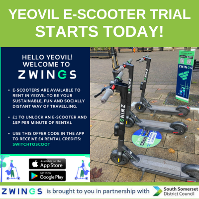 Southsomersetdc's tweet photo. British micro-mobility operator ZWINGS has partnered with SSDC to launch a fleet of e-scooters in Yeovil today. This new green travel trial will be run under the official e-scooter trials initiative authorised by the Department for Transport. https://t.co/4F9nofdEZB https://t.co/n98sNMZgHq