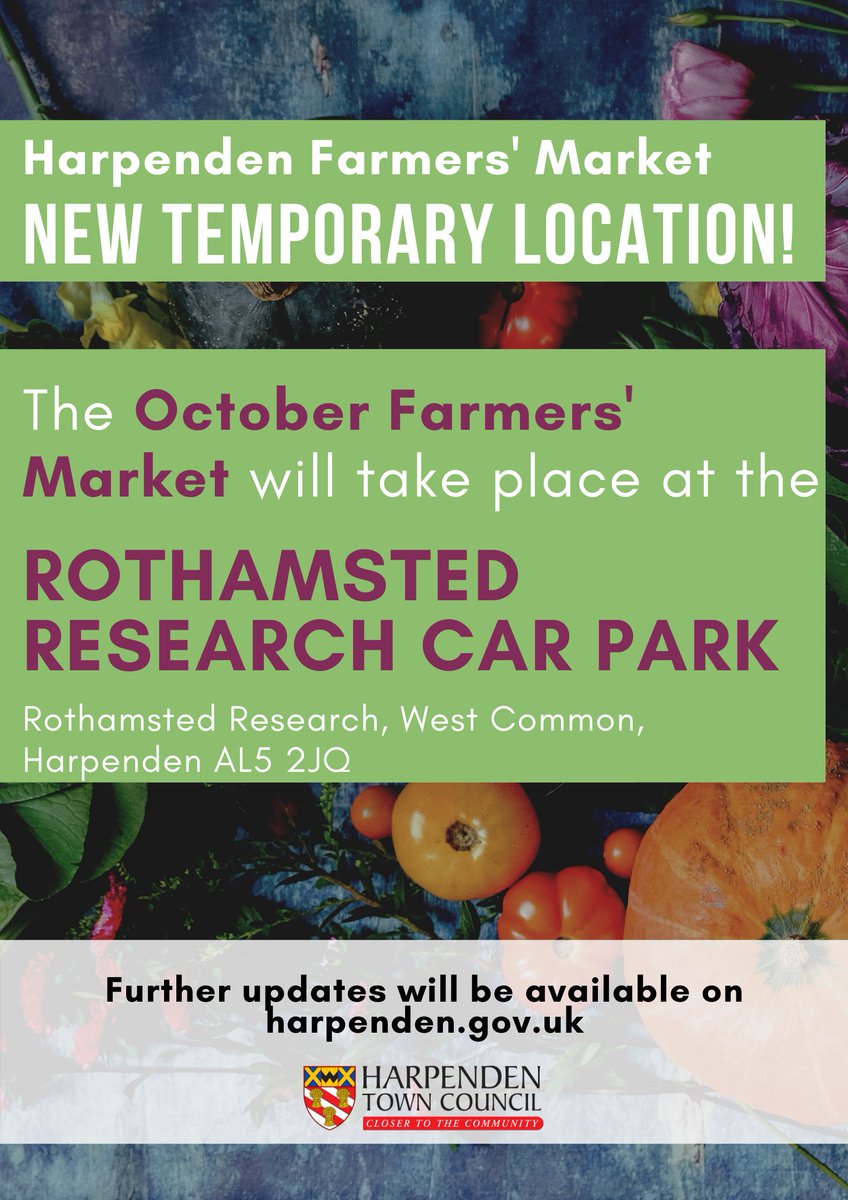 HarpendenTown's tweet photo. The October Harpenden Farmers' Market is taking place this Sunday 25 October but at a NEW temporary location: the Rothamsted Research Car Park. 

The market location and public parking area are highlighted on the map below. 

We'll see you this Sunday from 10am-2pm! 🍎🥕🥬 https://t.co/hh3wnpyJR6