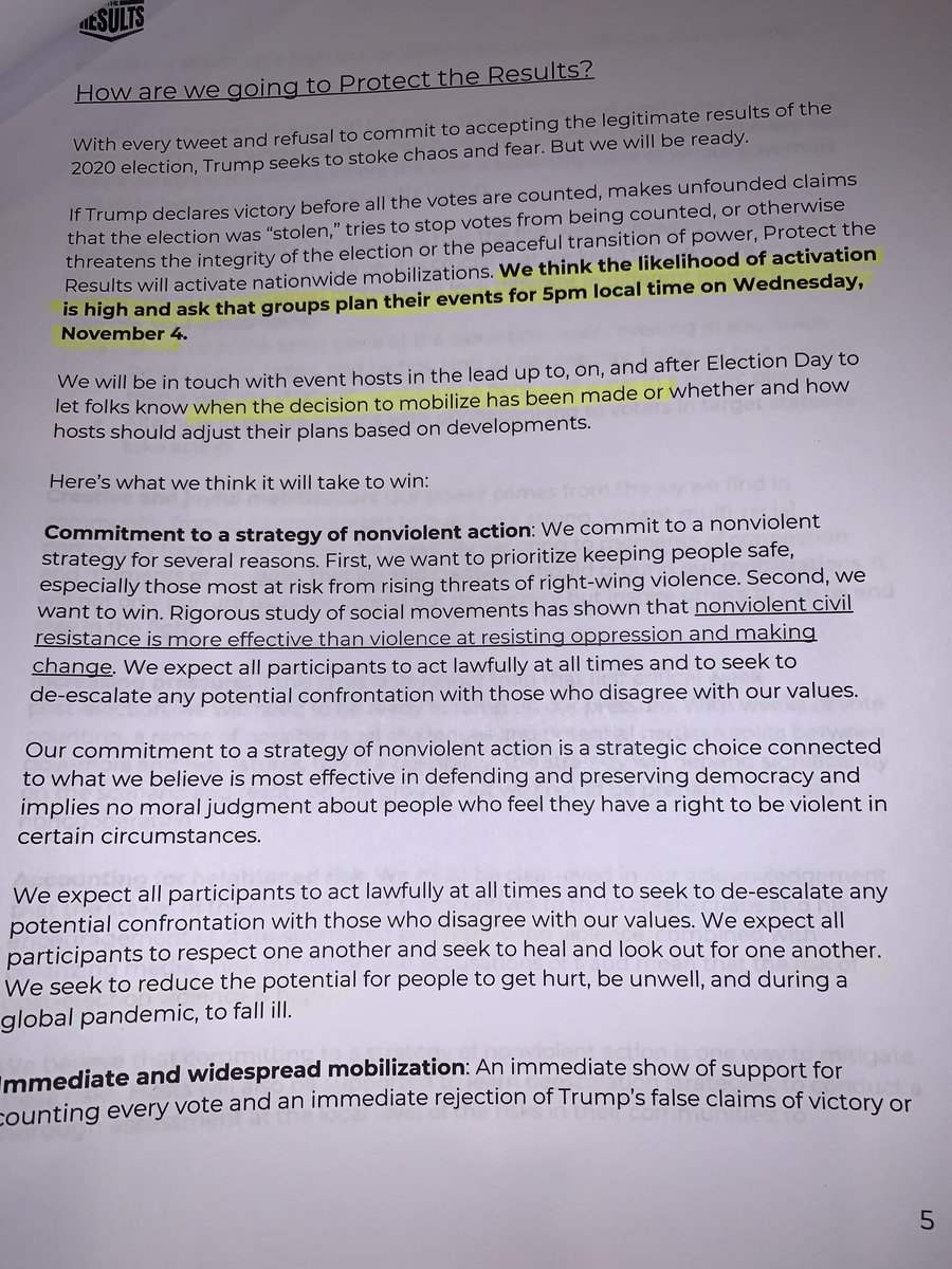 What we know. Nov 4, 5 CST when they get the go, the protests start. We know from Transition Integrity Project “not to expect an Election night winner”Unless  @POTUS wins popular vote and Electoral college w/o PA and NC the protests begin nationwide.