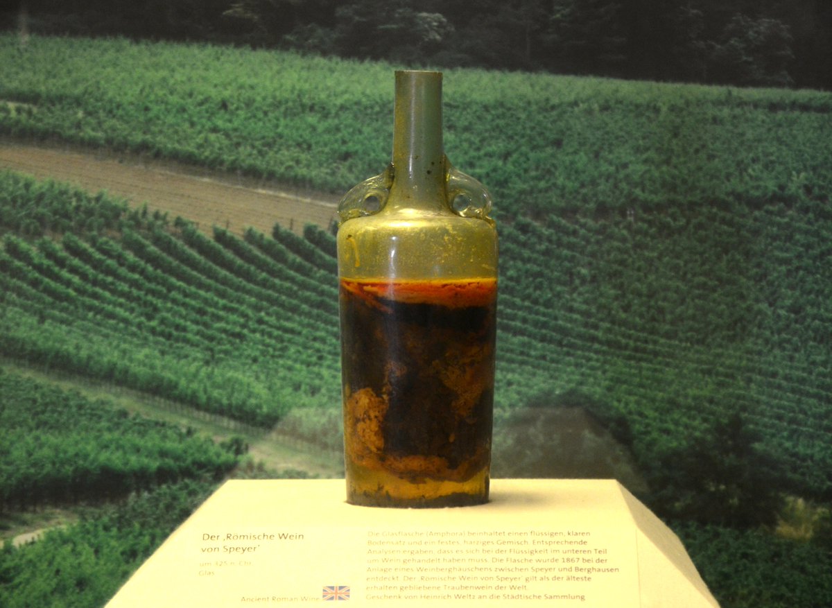 carolemadge's tweet photo. What is the world’s oldest unopened bottle of wine? 🍷
Dated to AD 325, the so-called Speyer wine bottle is a sealed vessel, presumed to contain liquid wine. It was found in 1867 when archaeologists discovered a Roman tomb near Speyer. The bottle has handles shaped like dolphins. https://t.co/K9AEShtjGh
