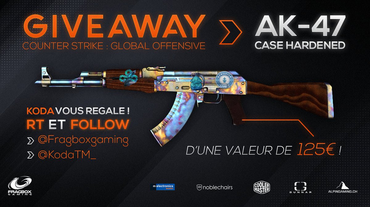 Fragbox Gaming (@fragboxgaming) on Twitter photo 💣GIVEAWAY 🏎️
A l'occasion de son départ de #CSGO, @KodaTM_ met en jeu l'un de ses plus beaux skins, d'une valeur de 125 euros : l'AK-47 Case Hardened 🔫
- Follow <a href="/Fragboxgaming/">Fragbox Gaming</a> & @KodaTM_
- RT ce message
Le gagnant sera tiré au sort le 1er novembre 📅
Bonne chance à tous ! 💣GIVEAWAY 🏎️
A l'occasion de son départ de #CSGO, @KodaTM_ met en jeu l'un de ses plus beaux skins, d'une valeur de 125 euros : l'AK-47 Case Hardened 🔫
- Follow <a href="/Fragboxgaming/">Fragbox Gaming</a> & @KodaTM_
- RT ce message
Le gagnant sera tiré au sort le 1er novembre 📅
Bonne chance à tous !