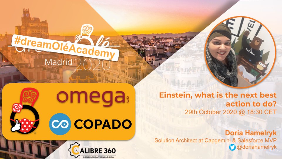 dreamOle__c's tweet photo. 📢#dreamOléAcademy 2020 session announcement‼️
#SalesforceMVP @doriahamelryk will talk about Next Best Actions with Einstein😃
📅18:30CET-29/11/2020
Our sponsors @OmegaCRM @CopadoSolutions &amp; @Calibre_360 will be with us on this session
Get your seat here👉🏾https://t.co/0yA1kXy71p https://t.co/pqbOuTQ8MS
