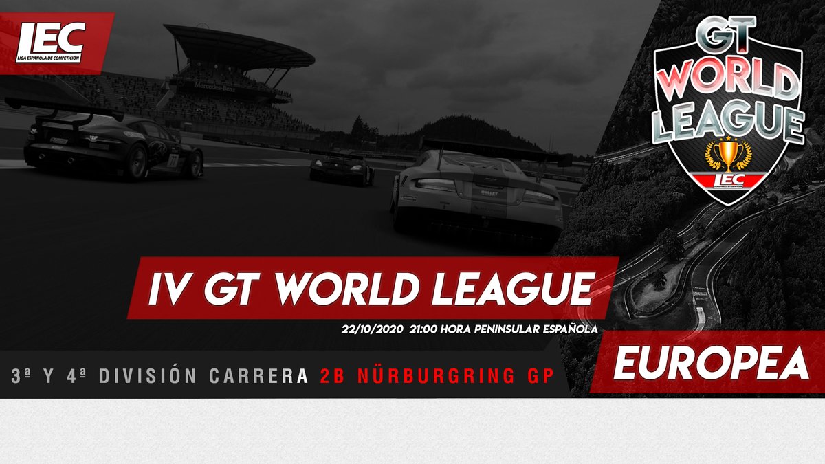 🔴#GTSport 

🧐¿Quieres intensidad, adrenalina y diversión?

🏆¡Vuelve la 4ª #GTWorldLeague Europea!

📈3ª y 4ª División

🚦Circuito de Nürburgring GP

⏰Horarios:
🏁21:00h - 4ª DIV
🏁22:15h - 3ª DIV

📺Retransmisión oficial:
twitch.tv/lecesports

🥳#Únete

❤️#lecesports