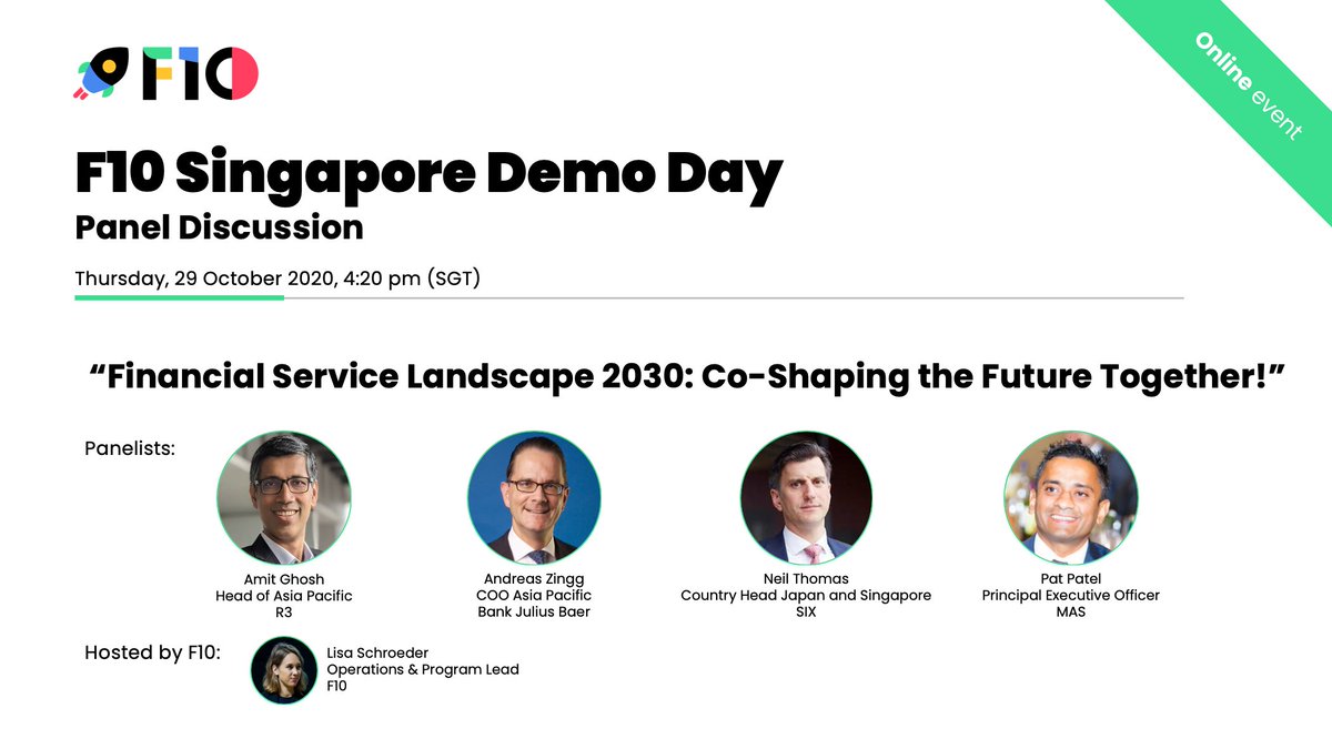 These are the panelists for the F10 #Singapore Demo Day taking place next Thursday, 29th of October 2020!

We are looking forward to fruitful discussions on the future of the financial services landscape.

#innovation #finance #tech #Asia