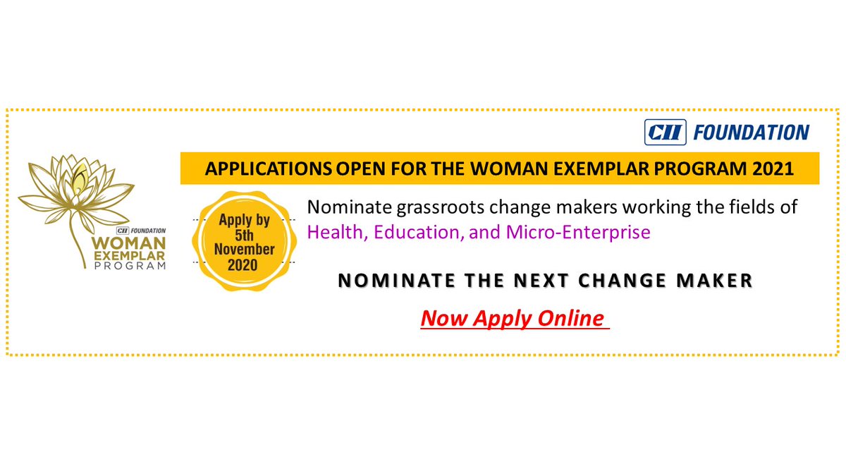 Now Apply Online to nominate the next #changemaker. The Woman Exemplars serve as role models for their community and lead #transformation to create tremendous #socialimpact. If you know such #grassroots #women, nominate them now.
Apply by 5 Nov.
https://t.co/IqXluJY7ZK https://t.co/mzSB6zZRfX