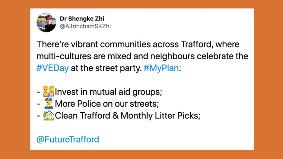 Dr Shengke would like to see more police on Trafford’s streets, monthly litter picks and investment into mutual aid groups. What would you like to see? 

Help us to build #FutureTrafford. Share your ideas via <a href="/FutureTrafford/">FutureTrafford</a> on FB / TW / IG

Learn more at futuretrafford.com