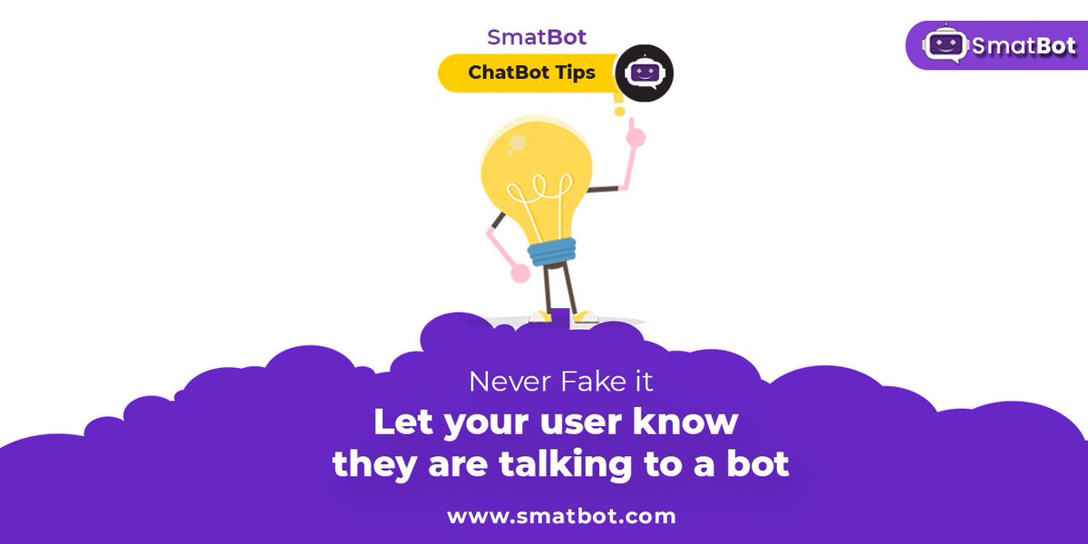 smatbot's tweet image. Tip of the day = Never fake it with your users.

Make sure your users know they are talking to a bot. Don&apos;t mislead them into thinking they are talking to a bot. It will always backfire.

#chatbots #SmatBot #chatbottips