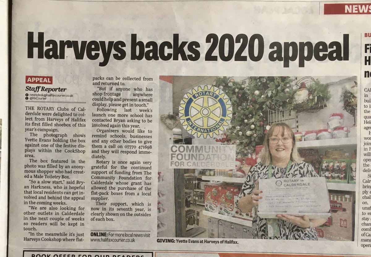 BatesBates75's tweet photo. Always a joy to share anything to do with @harveyshalifax especially when in our @HXCourier as ever #KeepingUsInformed & it’s SO like #Harveys ~even amid this #Pandemic still remembers @Rotary #Calderdale & Their #ShoeBoxAppeal Call in for yours‼️🙏🎁🎄❣️ https://t.co/wNwXDRT26X