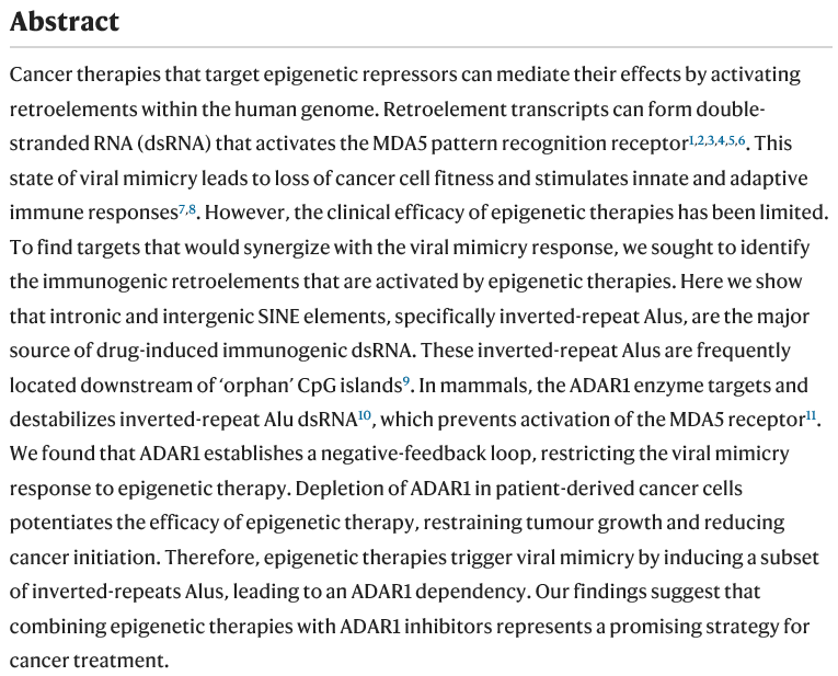 DrChoueiri's tweet photo. Very elegant work from @decarvalho_lab @Pari_Mehdipour  here in @nature suggesting that combining epigenetic therapies with ADAR1 inhibitors could be a promising  cancer treatment. Could this strategy revive epigenetic therapies?
https://t.co/s0m5LyEuJP https://t.co/vsX8FbVP2E