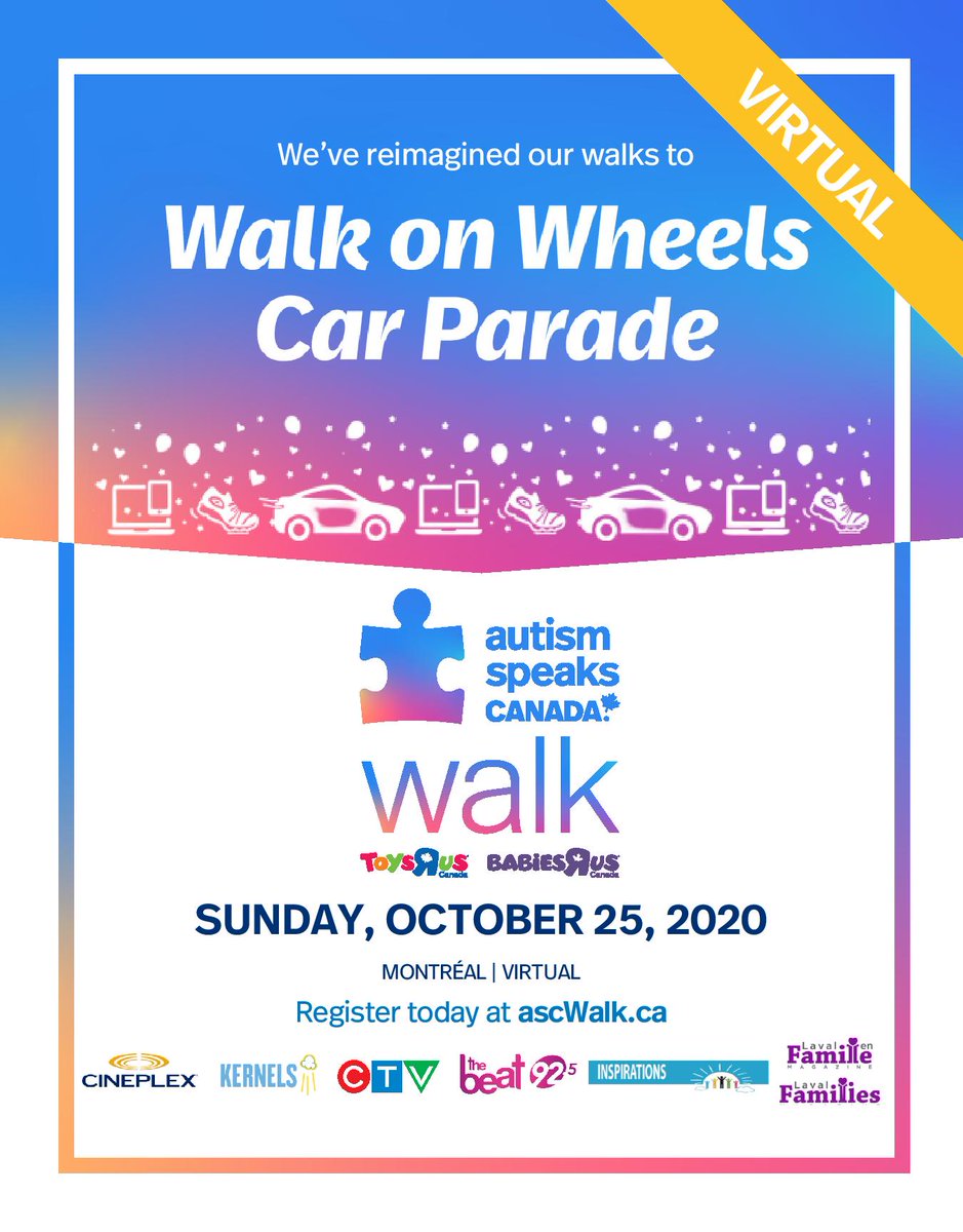 InspirationsMTL's tweet photo. Join @autismspeaksCAN Sunday October 25 anytime, anywhere, from your car or your home! Walk around the block or backyard, decorate your car - get social and post your pics, tagging #ascWalk. Register at https://t.co/Qz4EgUIjeH - let's make some noise and raise funds for autism. https://t.co/8JNcwTuC7s