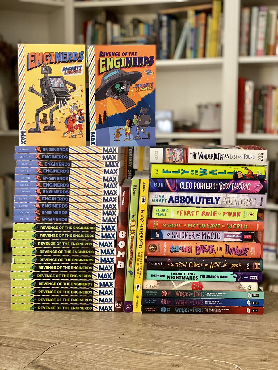 Jarrett_Lerner's tweet image. EDUCATORS &amp;amp; LIBRARIANS! Here’s a #KidsNeedBooks middle grade giveaway, featuring some long-time and brand-new favorites, plus a dozen *signed* copies of each of the first two books in my EngiNerds series!

To enter to win these books: RT this tweet and follow me! 💛📚💛