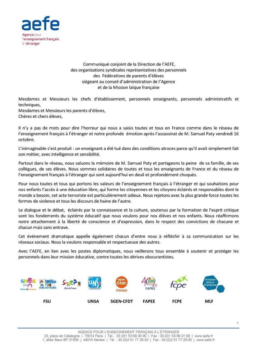 Avec l’#AEFE, en lien avec les postes diplomatiques, nous veillerons tous ensemble à soutenir et protéger les personnels dans leur mission éducative, contre toutes les dérives obscurantistes. #HommageSamuelPaty #JeSuisEnseignant