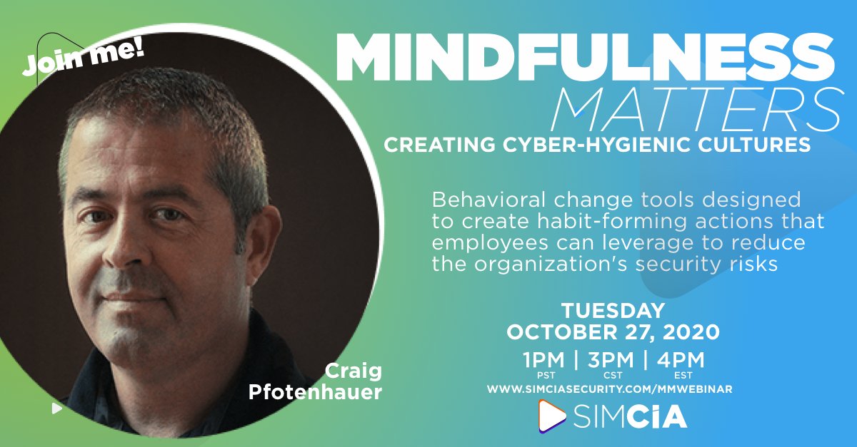 Join our resident expert in all things Cyber, Craig Pfotenhauer
Security Education, Training, and Awareness Expert, specializing in Social Engineering Methods

► Tuesday, October 27th
► 1PM PST | 3PM CST | 4PM EST
Register: bit.ly/3kcdI0P