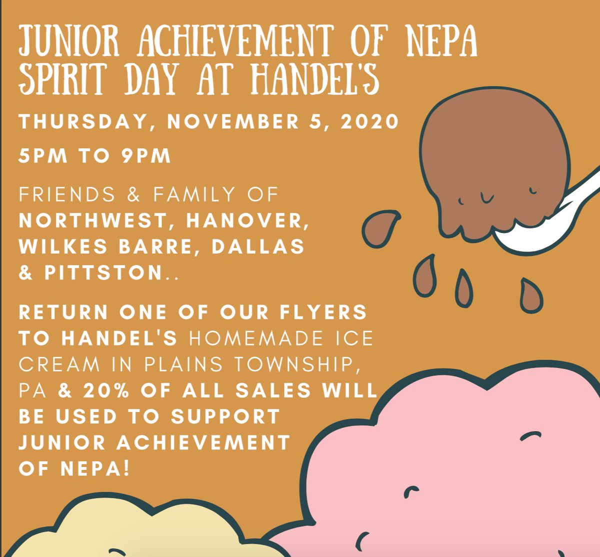 Mark your calendars! Handel's Ice Cream in Plains Township, PA is hosting a Spirit Day for Junior Achievement on Thursday, November, 5th, 2020 from 5 to 9pm.