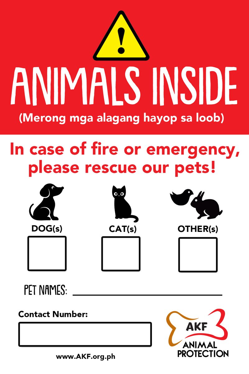 AKFanimalrescue's tweet photo. Pets are family too, keep them safe!
Keep a Pet Alert sticker on your front door so that emergency responders will know how many pets are inside the house. Download and print our Pet Alert sticker here: https://t.co/XSeUAqxk1K #FloodPH #RescuePH #ReliefPH #AKFAnimalProtection https://t.co/1Ka16IUF4k