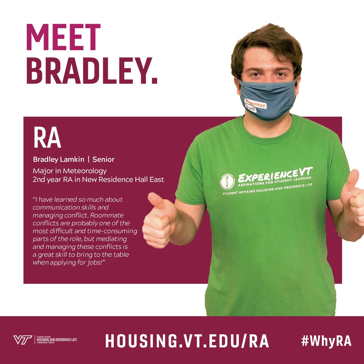 Today's the last day to get your application in! Submit your application in the StarRez Portal by 11:59pm EDT tonight! Meet Resident Advisor Bradley Lamkin, a 2nd year RA in New Residence Hall East. Visit https://t.co/ZKi7CWVae6
#WhyRA #VTHRL #VirginiaTech #ResidentAdvisor https://t.co/cK1UnF2exp