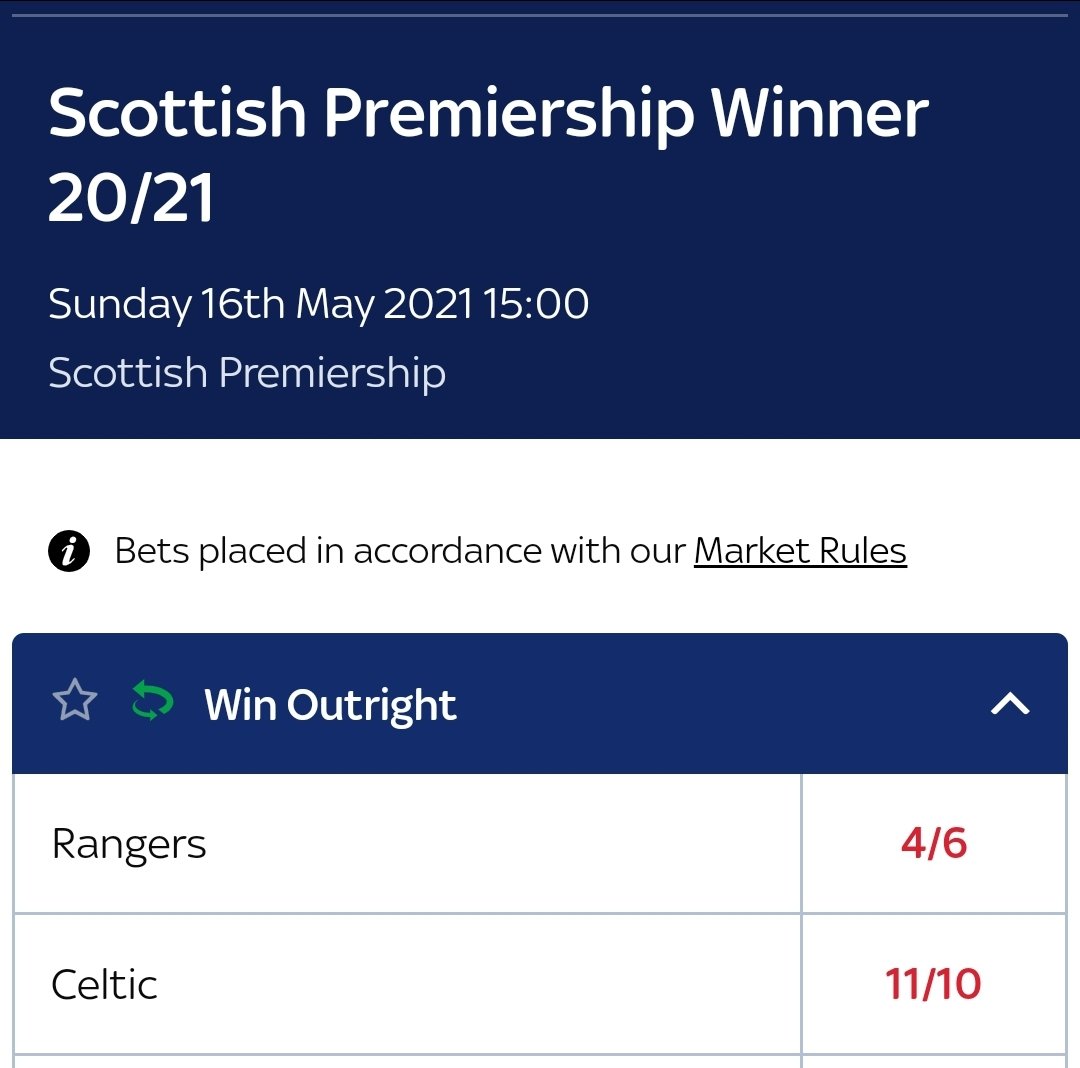 @TheGersReport @Alan_Morrison67 @RangersFC 🤣 In UK Betting Markets there'll be more money backed on Rangers than Celtic those odds below will reflect that, 6/4 vs 11/10 is not a 16 point margin!
Celtic cracking value at 11/10 https://t.co/5H0sY02lVR