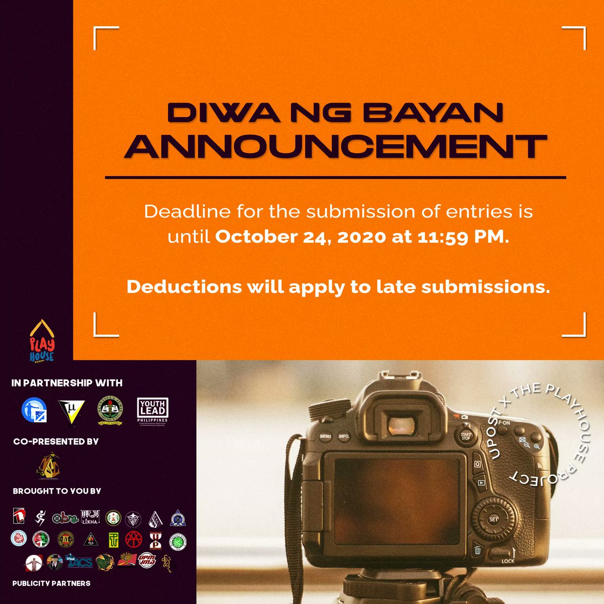 upost_upm's tweet photo. 📣 ANNOUNCEMENT 📣

Creating a great impact to the society is on your way! We are excited to showcase your advocacy to the world! 

📣 Deadline for Submission of entries is until October 24, 2020 at 11:59pm ❗️

⚠️ Deduction will apply to late submissions. https://t.co/FWqRPEWVLJ