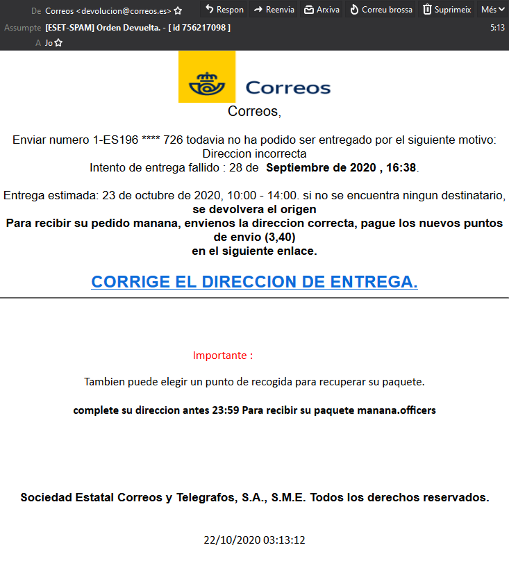 ESET España on Twitter: "✉️ Nueva suplantación de @Correos mediante un  email con una "Orden devuelta". 👀 En esta ocasión, en lugar del habitual  #phishing nos encontramos con una campaña de propagación