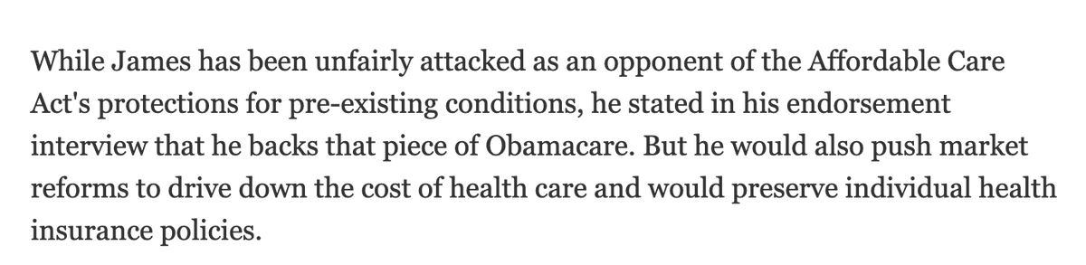 I get that the @detroitnews editorial page is conservative. But this is nonsense. It is 100% fair to attack James as an opponent of the ACA when a) He has called it a 'monstrosity' b) He still favors repeal c) He won't specify a replacement detroitnews.com/restricted/?re…